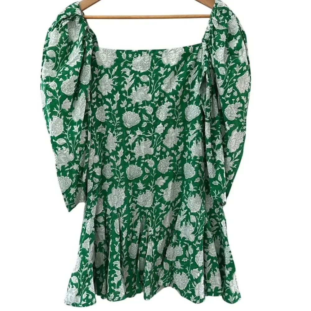 Mille Resort Anais Belted Mini Hand Block Print Dress Green Zinnia Size‎ Small - Picture 6 of 12